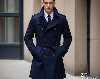 Gabardina de lana azul marino para hombre: abrigo de invierno cruzado y ajustado.