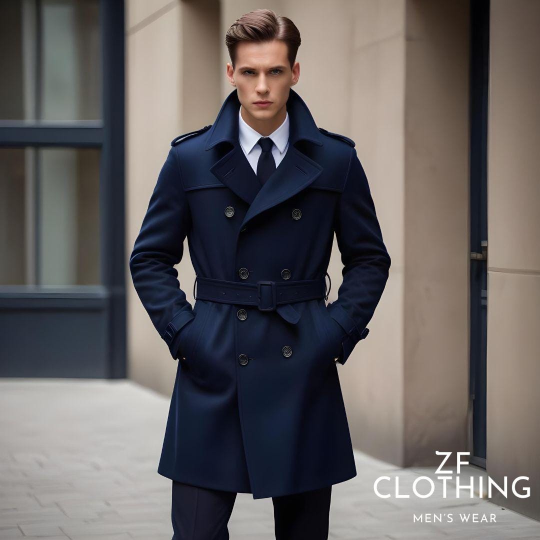 for men ネイビー トレンチコート Mサイズ メンズ ネイビーブルー ウール トレンチコート：スリムフィット ダブル