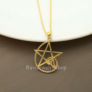 Gold Star Spiral Pendant Necklace | Geometric Pagan Jewelry | Boho Celestial Amulet | Handmade Brass Charm | Gift for Her