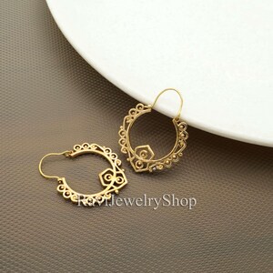 Geometric Brass Hoop Earrings: Tribal Boho Festival Jewelry