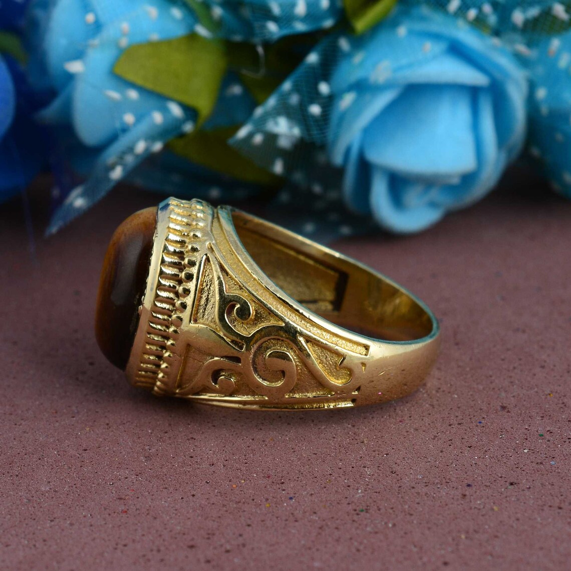 Tiger Eye Ring in Antique Brass Ring Real Gemstone Ring Etsy