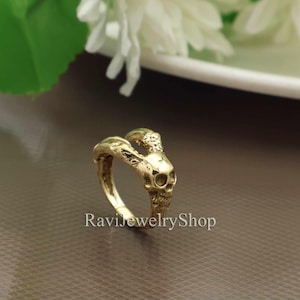 Brass Skull Horn Ring, Gothic Biker Ring for Men, Punk Rock Statement Jewelry, Handmade Adjustable Ring, Halloween Gift for Him