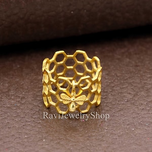 Wabenring, Sechseckring, Honig und Bienenring, Geometrische Ringe, Minimaler Bienenwabenring, Messingring, Zierlicher Ring, Bienenring