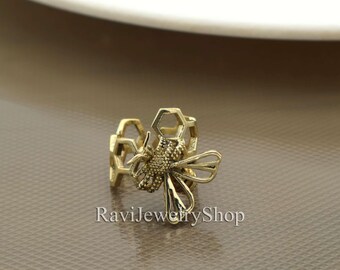 Honeybee Brass Ring with Honeycomb Design | Handmade Nature Jewelry | Adjustable Bee Ring | Boho Botanical Ring | Gift for Her