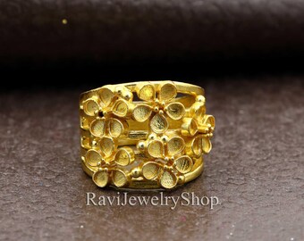 Wide Ring, Full Finger Ring, Brass Ring, Flower Ring, Ornament Ring, Bohemian Ring, Boho Jewelry, Long Statement Ring, Ethnic Ring