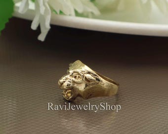 Messing Panther Kopf Ring für Männer, Tier Gesicht Mut Ring, handgemachte Wildkatze Schmuck, verstellbarer Tier Totem Ring in Gold-Finish