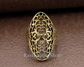 Extra Wide Ring, Full Finger Ring, Brass Ring, Filigree Ring, Victorian Ring, Bohemian Ring, Boho Jewelry, Long Statement Ring, Ethnic Ring