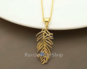 Peacock Feather Pendant Necklace | Blue Accent Brass Jewelry | Handmade Gold Boho Necklace | Spiritual Gift for Her | Nature Inspired