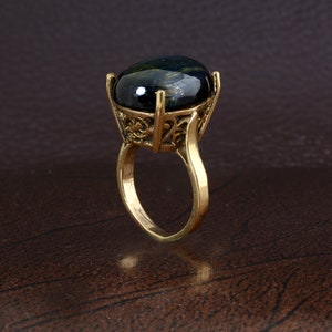 Handmade Gold Ring with Blue Hawk’s Eye Gemstone | Vintage-Inspired Jewelry | Natural Hawk Eye Statement Ring | Bold Artisan Gold Ring