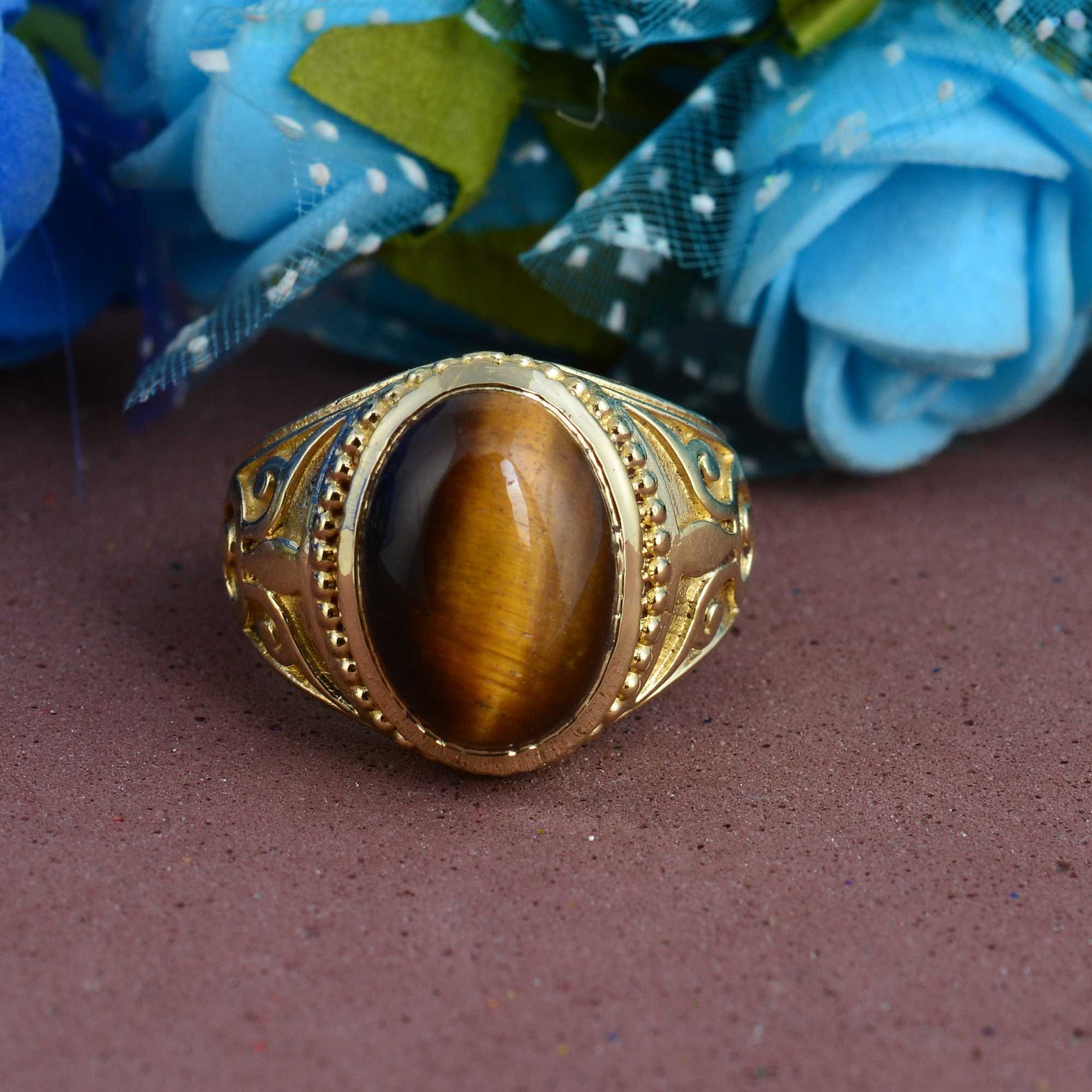 Tiger Eye Ring in Antique Brass Ring Real Gemstone Ring Etsy