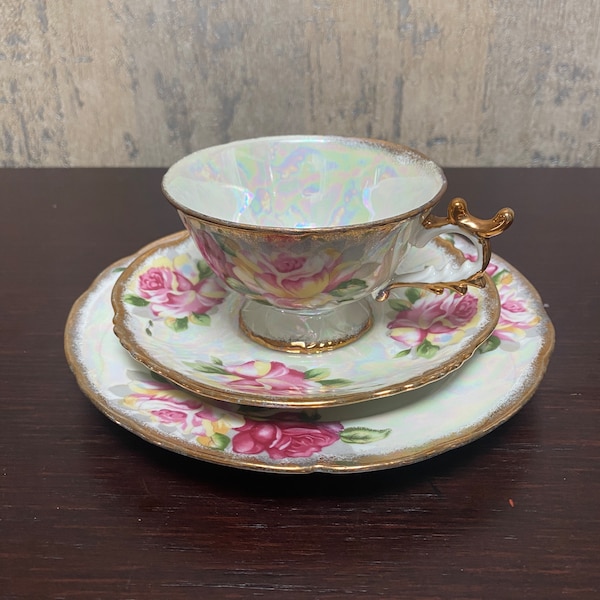 Vintage Iridescent Japan Cup, Saucer and Cake Plate Set Rose