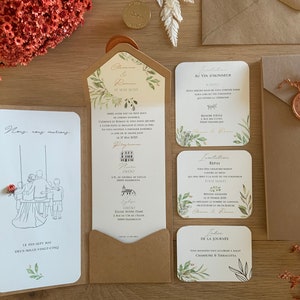 Faire-part mariage pochette kraft terracotta avec illustration personnalisée