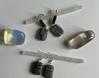 Black Picasso jasper earrings - semiprecious stone earrings minimalist