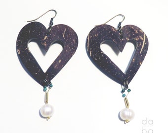 Coconut shell heart earings with pearl and jasper gemstone - unique gift