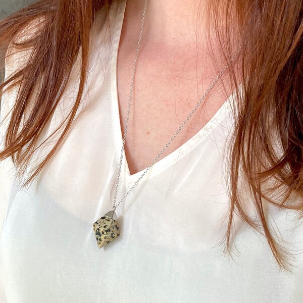 Dalmatian Necklace, Jasper Stone and Gold or Silver Chain, Rhombus Pendant, by Kernow Jewellery