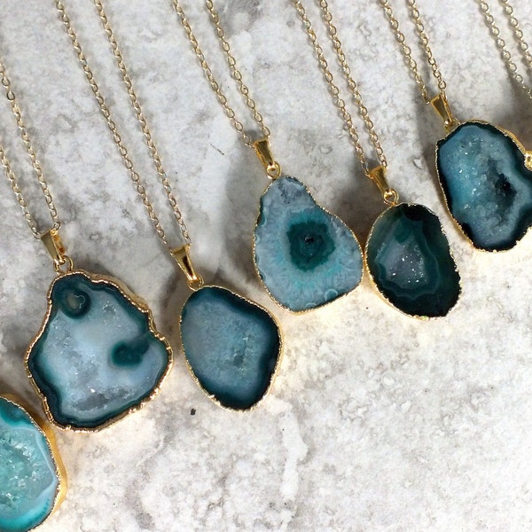 Green Geode and Gold Necklace, Natural Crystal Stone Pendant, Gold Filled or Plated Chain, Druzy Agate Jewellery, By Kernow Jewellery