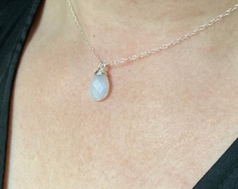 Silver Moonstone Necklace, Sterling Silver Wire Wrapped Pendant on a 925 Sterling Silver or Plated Chain, Rainbow Stone, by Kernow Jewellery