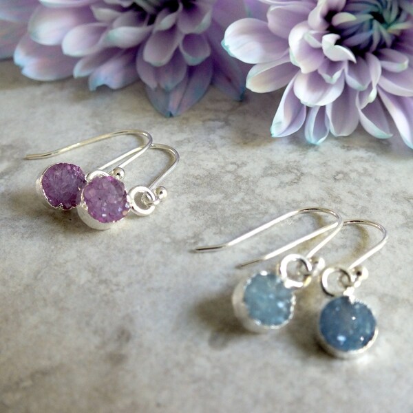 Dainty Druzy Stone Earrings, Blue or Pink Crystal Stones, Sterling Silver Ear Wires, Dainty Jewellery by Kernow Jewellery