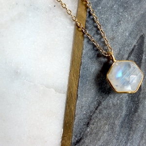 Moonstone Hexagon Pendant Necklace: Dainty Gemstone Jewelry