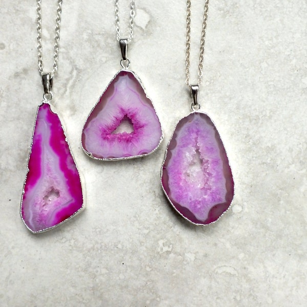 Geode Crystal Necklace, Natural Magenta Pink Stone, Silver Plated Chain, Handmade Agate Slice Pendant, By Kernow Jewellery