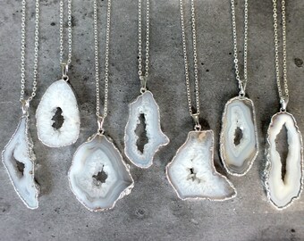 925 Sterling Silver Orange White Agate Quartz Geode Slice Pendant Chain Necklace