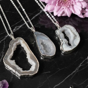Handmade Grey Agate Necklace | Silver Plated Natural Crystal Slice Pendant