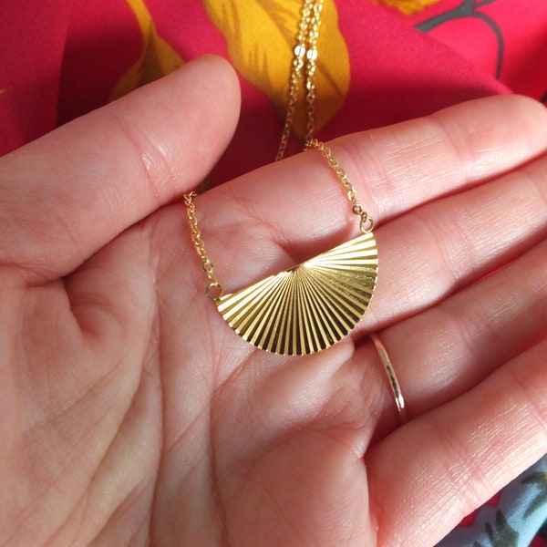 Sunburst Necklace, 18kt Gold Plated Half Circle Fan shaped Pendant, on a Gold Plated Chain, By Kernow Jewellery