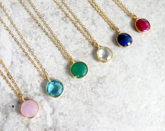 Round Stone Necklace, Natural Circle Gemstone, Blue, Red, Green, Crystal, Pink, Gold Filled or Plated Chain, by Kernow Jewellery