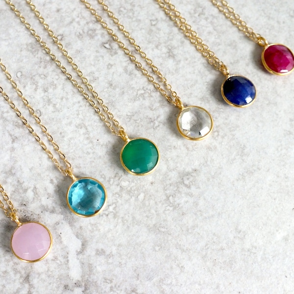 Round Stone Necklace, Natural Circle Gemstone, Blue, Red, Green, Crystal, Pink, Gold Filled or Plated Chain, by Kernow Jewellery