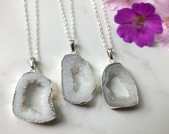 White Silver Geode Pendant, Natural Agate Crystal Stone Necklace, Silver Plated Chain, Agate Druzy Jewellery by Kernow Jewellery