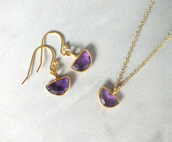 Half Sun Stone Jewellery Set Gold Amethyst Black Onyx Quartz