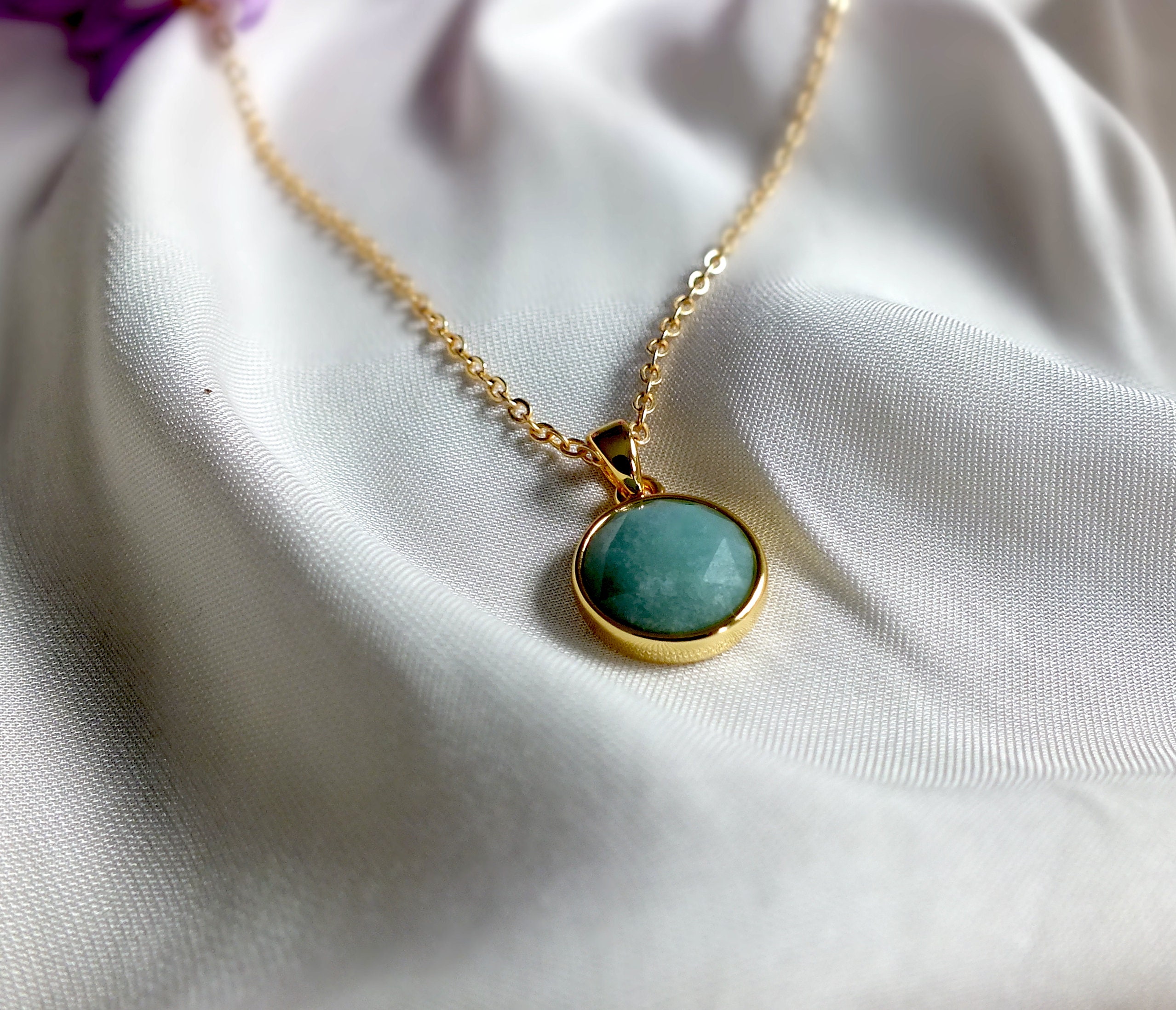 Green Stone Gold Necklace Dainty Amazonite Round Gemstone Etsy