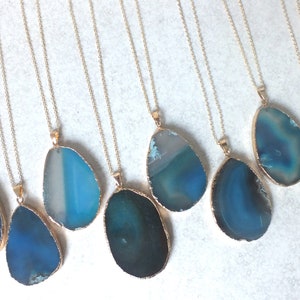 Large Blue Stone Necklace, Agate Tablet Stone Slice Pendant, 18kt Gold Plated Chain, Statement Necklace, By Kernow Jewellery