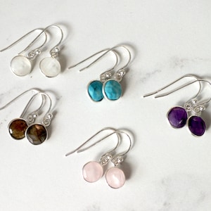 Tiny Gemstone Drop Earrings | Sterling Silver | Quartz, Amethyst, Turquoise, Labradorite | Circle Jewellery
