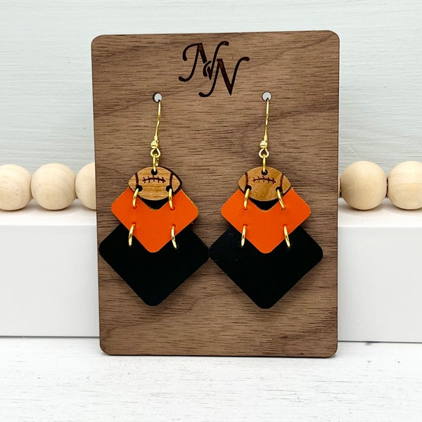 Game day Orange and black genuine leather team spirit football chevron earrings in solid or glitter.