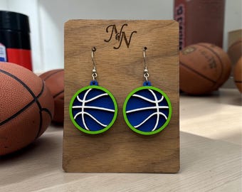 Hand-Painted 3D layered Wood Basketball Earrings: Royal Blue, Lime Green, white Team Spirit