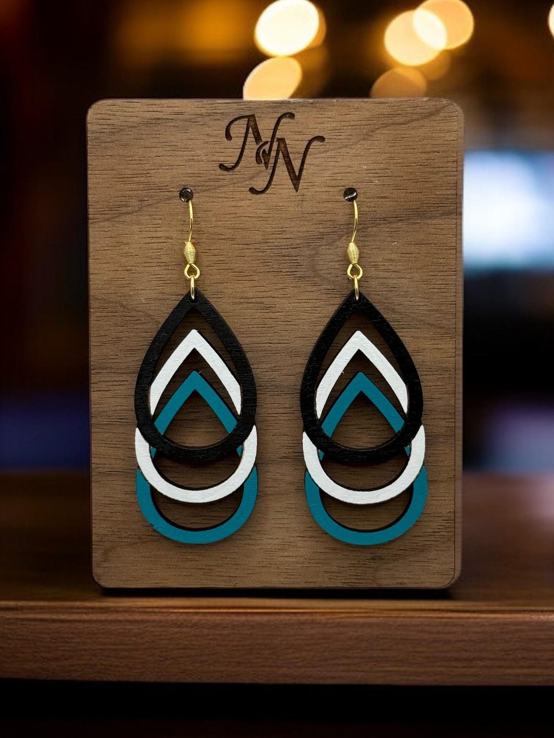 Hand Painted Wood Game Day Teardrop Earrings: Black, White and Teal - Etsy