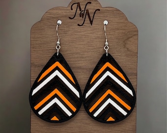Black, orange, white Game day wooden cutout chevron arrow earrings. Team spirit. Large size double sided.  Hand painted. 3 different sizes