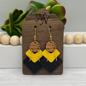 Game day Genuine leather basketball chevron earrings. Black and yellow gold glitter or solid basketball earrings