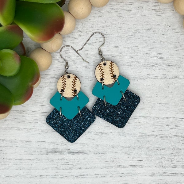 Game day Navy and teal genuine leather baseball chevron earrings.