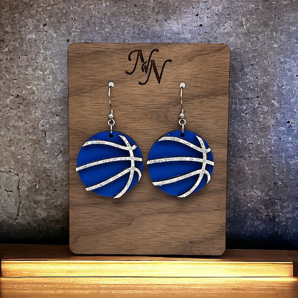 Game day Royal blue and white glitter or solid stitching wood layered basketball earrings. Customizable.