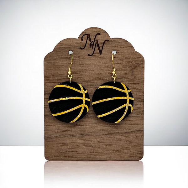 Game day black and yellow glitter or solid stitching wood basketball earrings. Team spirit wood earrings. Hand cut/painted. Customizable.