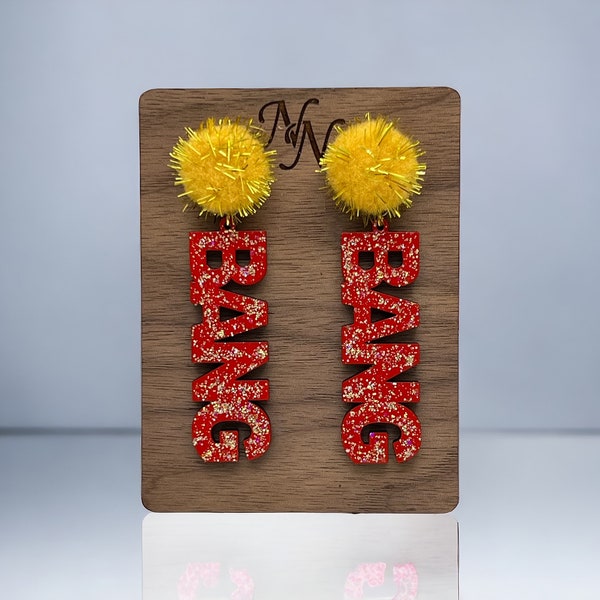 Bang Bang Red with gold glitter wood earrings. Gold or white pompom stud dangle earrings. Team spirit. Hand cut/painted wood. SHIPS ASAP