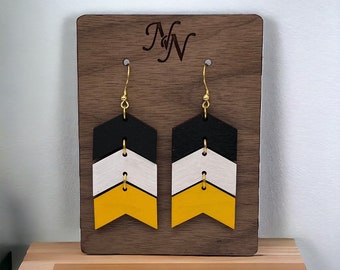 Double sided. Black, white and yellow gold. Game day wooden chevron arrow earrings. Team spirit. Hand cut/painted.