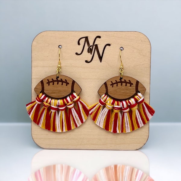 Game day Football fringe earrings. Red, yellow and white football earrings.