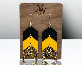 Double sided. Black and yellow wood with black/gold acrylic game day chevron arrow earrings. Team spirit. Hand cut/painted wood.