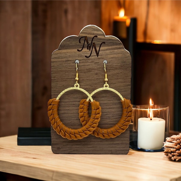 Brown or saddle brown Handmade Braided open hoop earrings | genuine leather earrings |