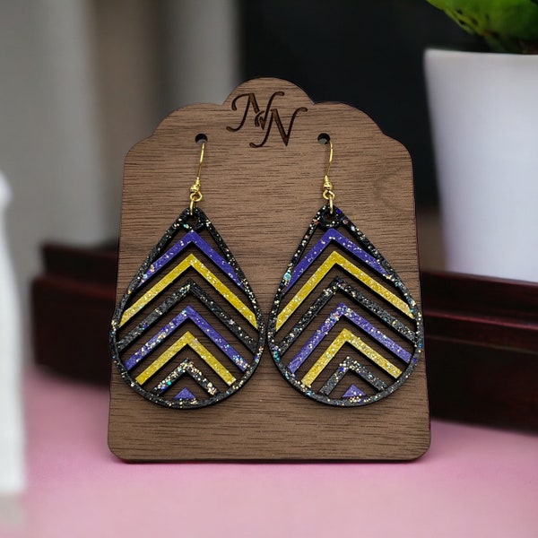 Double sided. Purple, black and gold Game day wooden chevron arrow teardrop earrings. Team spirit earrings. Hand cut/painted.