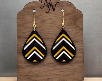 Black, yellow gold, white Game day wooden cutout chevron teardrop earrings. Team spirit. Large is double sided.  Hand painted. 3 sizes