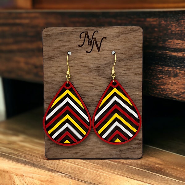 Double sided. Game day wooden chevron arrow earrings. Team spirit earrings. Hand cut and hand painted. Red, yellow and white.